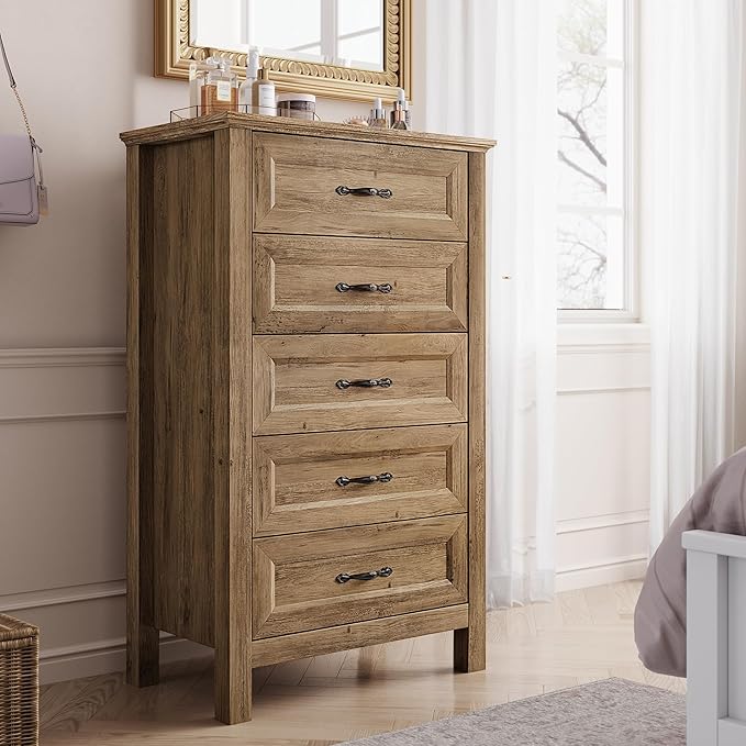 LINSY HOME 5 Drawers Dresser for Bedroom, Wood Tall Chest of Drawer with Metal Handle, Modern Farmhouse Dressers with Storage Organizer for Closet, Living Room, Hallway, Rustic Brown