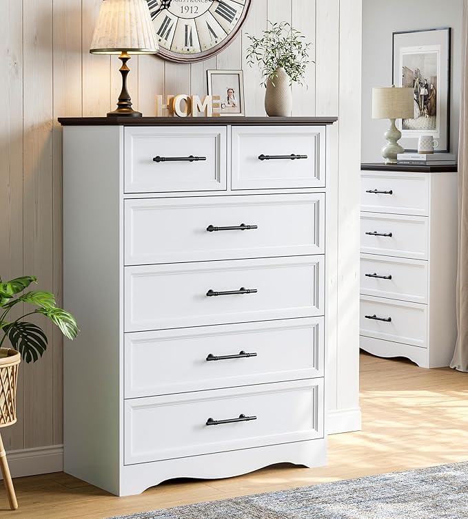 Farmhouse 6 Drawer Dresser, White Wood Chest of Drawers, 44" Tall Bedroom Storage Cabinet with Brushed Metal Handles, Closet Organizer for Bedroom, Living Room, Hallway