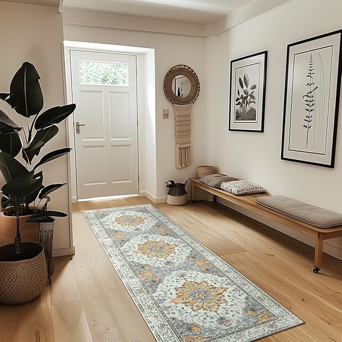 Area Rugs 2'x8' Washable Non-Slip, Floral Vintage Distress Print Pattern Medallion Carpet for Living Room Bedroom Dining Room, Light Yellow Carbon Grey Orange