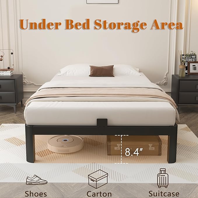 Black 10 Inch Twin Bed Frames, Metal Bed Frame Twin Size with Baffles, No Box Spring Needed, Rounded Corner Legs, Heavy Duty Steel Platform Support, Reserved Holes, Storage Space, Noise Free