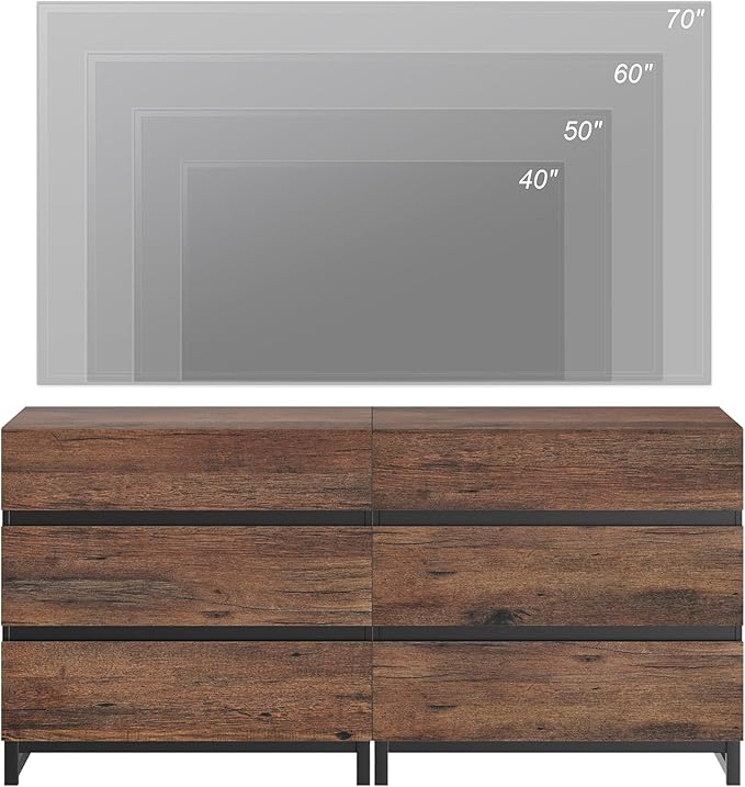 Wampat Modern TV Stand for up to 70 inch TVs, Entertainment Center Console with 6 Drawers and Metal Base, Living Room, Bedroom, Brown