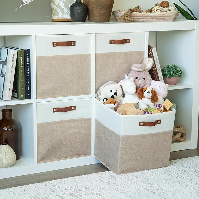 OrganiHaus 13x13 Cube Fabric Storage Bins Set of 4, Fabric Storage Cubes w/ Vegan Handles, 13 inch Collapsible Bins for Clothes & Toy Organizer, Cubbies Organizer, 13x13 Basket for Decor - Beige/White