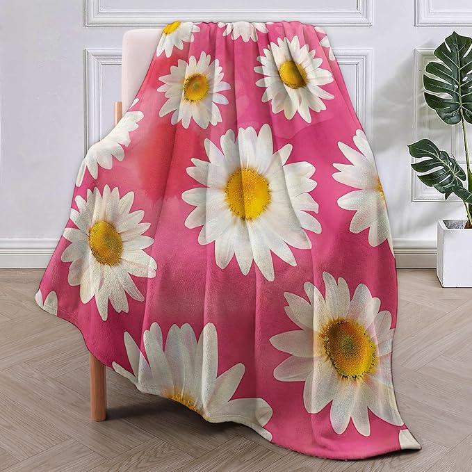 Daisy Flannel Blanket, Pink Daisy Gifts, Floral Blanket for Women, Soft Lightweight Throw Blankets for Bed Home Travel Decor 60" x 80"