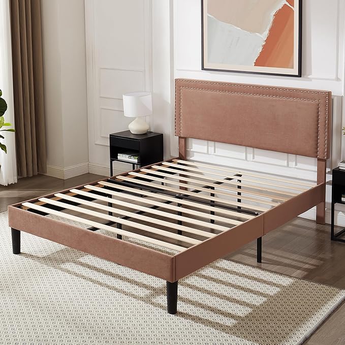 VECELO Bed Frame Queen Size with Adjustable Upholstered Headboard, Wooden Slats Platform, Noise-Free Design, Easy Assembly