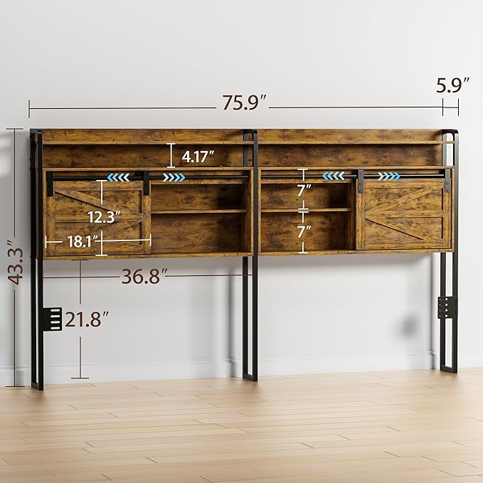 wanan King Size Headboard with Storage, 3 Tier, LED Light, Sliding Barn Doors, Width Adjustable (Rustic Brown, King)