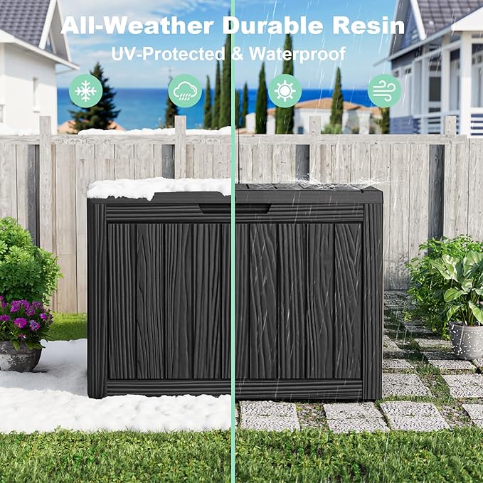 45 Gallon Resin Deck Box, Lockable Outdoor Storage Box for Patio Cushions Storage Furniture,Garden Tools, Pool Supplies, Weatherproof and UV Resistant（Black）