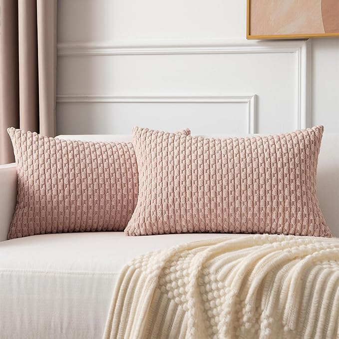 Kevin Textile Pack of 2 Corduroy Decorative Throw Pillow Covers 12x20 Inch Valentine' s Day Soft Boho Striped Pillow Covers Modern Farmhouse Home Decor Gifts for Spring Sofa Living Room Couch Bed Pink