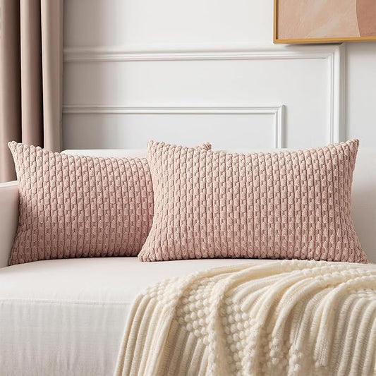 Kevin Textile Pack of 2 Corduroy Decorative Throw Pillow Covers 12x20 Inch Valentine' s Day Soft Boho Striped Pillow Covers Modern Farmhouse Home Decor Gifts for Spring Sofa Living Room Couch Bed Pink