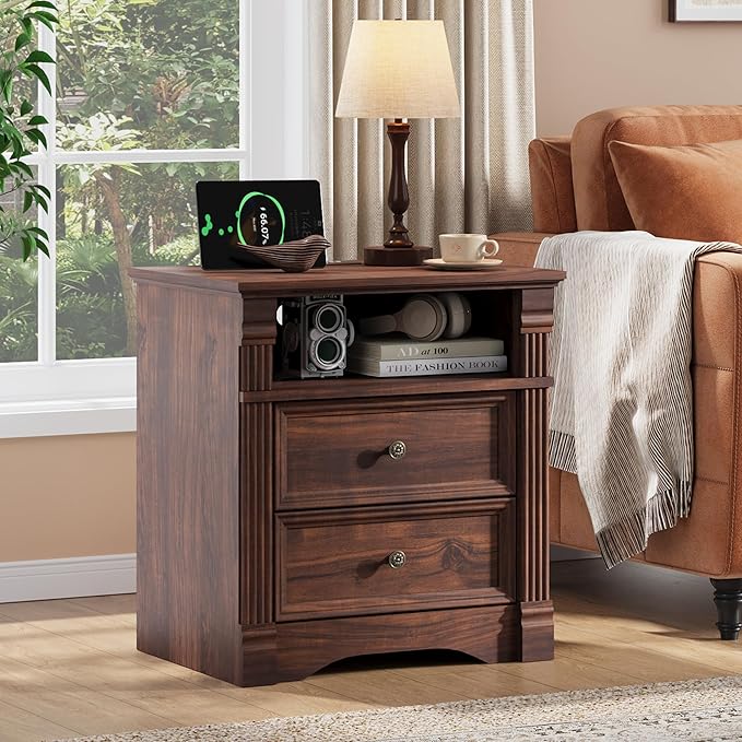 Walnut Nightstand Set of 2 with Charging Station, Farmhouse End Table with 2 Drawers and Open Shelf, Wooden Bedside Table with Metal Handles, Vintage Design, Organizer for Bedroom, Hallway