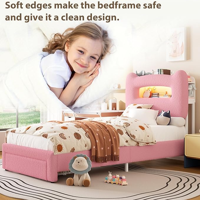 GarveeHome Upholstered Twin Bed Frame with 2-Tier Storage Headboard, LED Platform Bed with Charging Station and Drawer for Kids/Girls/Boys, Heavy Duty Metal Support, No Box Spring Needed, Pink