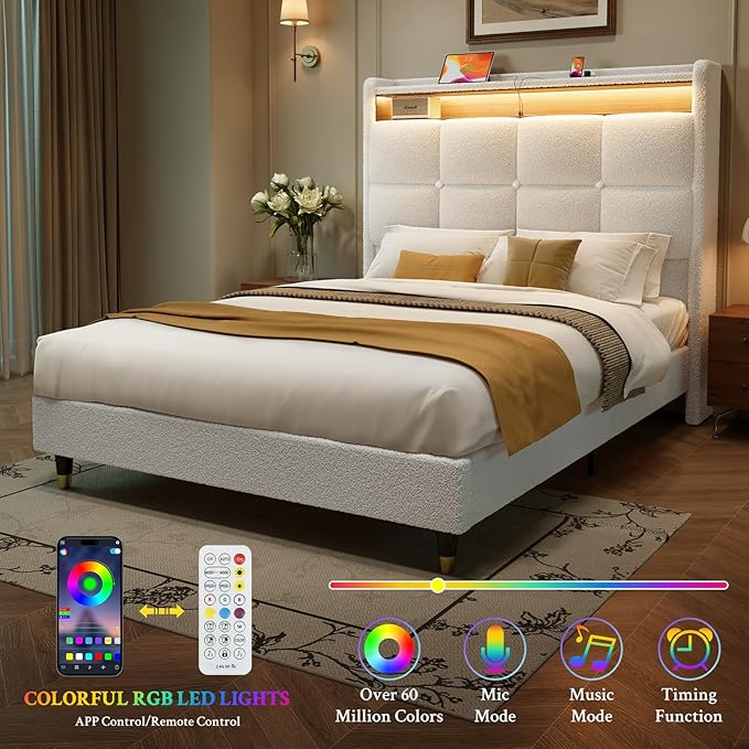 King Size Bed Frame, 51" Tall Wingback Tufted Headboard, Teddy Fleece Upholstered Bed Frame, LED Lights & USB/Type-C Port and Double Storage Shelf, No Box Spring Needed, Easy Assembly, White