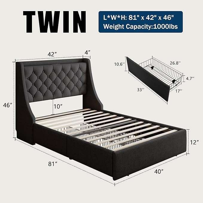 Twin Bed Frame with 4 Storage Drawers, Giant Upholstered Wingback Headboard, Fast Charging Station, No Box Spring Needed, Noise-Free, Black