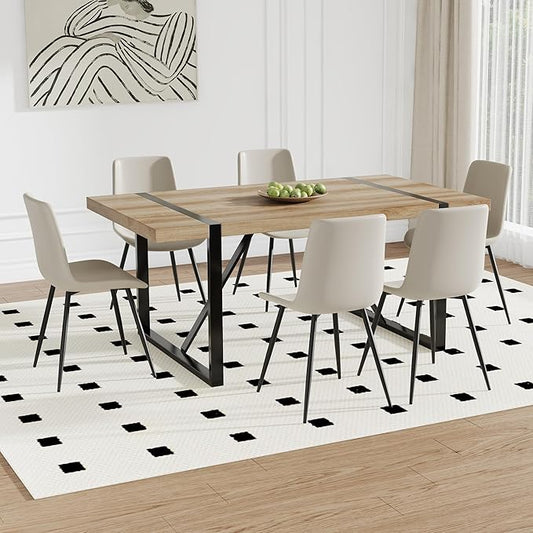 Dining Table Chairs Set for 6, Modern Rectangular Dining Room Table Set Upholstered Dining Chairs 71" Dinner Table Set for Kitchen (Brown Table & Grey2 Chairs, 71 Inch Table + 6 Chairs)