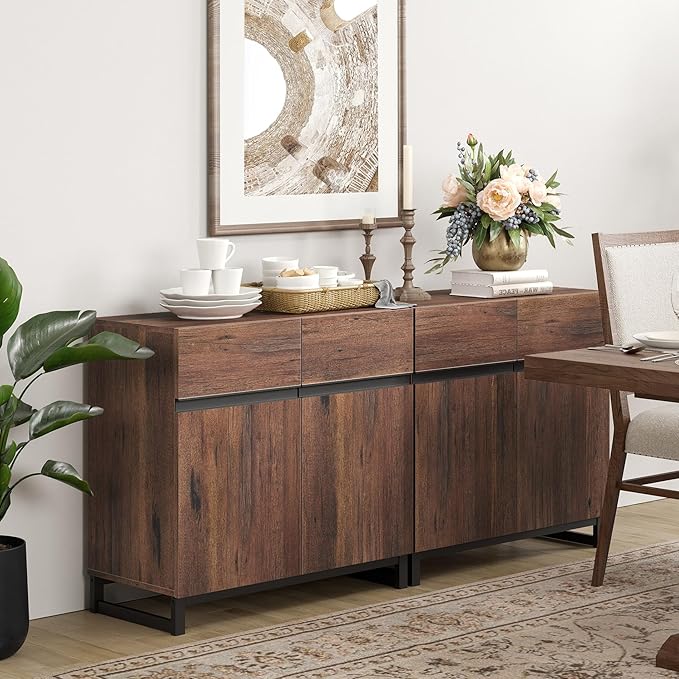 Wampat Modern TV Stand for up to 70 inch TVs, 2 in 1 Entertainment Center with Adjustable Shelves and Metal Base for Living Room, Bedroom, Brown