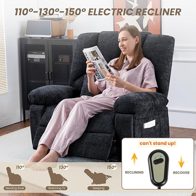 Oversized Power Recliner Chair 350lb with Hidable Cup Holders, Extra Wide Large Big Electric Recliner Chair with Lumbar Support Pillow Nursery Chair Living Room (Power, Black)