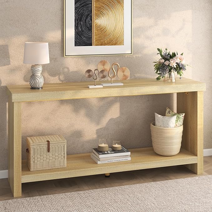 63 Inches Narrow Console Table, 2-Tier Long Sofa Tables Behind Couch Table, Farmhouse Foyer Tables for Entryway, Hallway, Living Room, Oak Natural