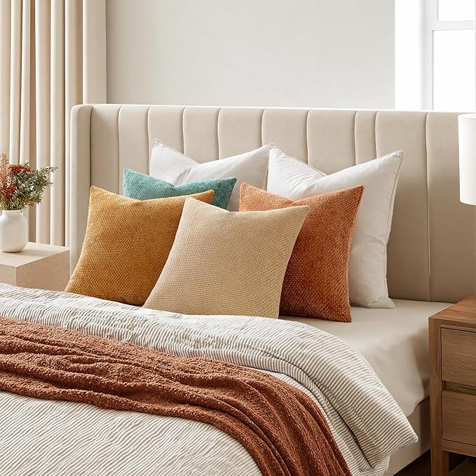 MIULEE Pack of 4 Orange/Teal Couch Throw Pillow Covers 20x20 Inch Yellow Green Soft Decorative Chenille Pillows Farmhouse Accent Cushions for Boho Home Decor Spring Sofa Bedroom Living Room