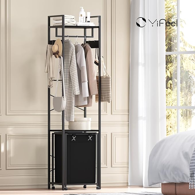 Coat Rack with Laundry Basket, Laundry Hamper Freestanding Hall Tree, Clothes Rack with Storage Shelves, 14.5 Gal Removable Bags on Wheels, Black JLH005B