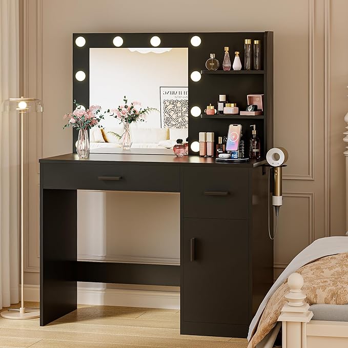 JUMMICO 35.4" Vanity Desk with LED Mirror & Power Outlet, Makeup Vanity Table with 3 Open Storage Shelves, Drawers and Cabinet, 3 Model Adjustable Lights for Bedroom & Dressing Room (Black)