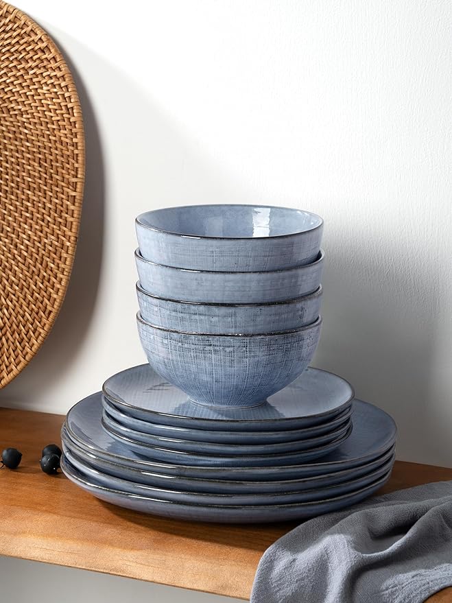 Famiware Moonlight Plates and Bowls Sets, 12 Pieces Stoneware Dinnerware Sets with Linen Finish, Handmade Dishware Set for 4, Microwave and Dishwasher Safe, Chip and Scratch Resistant, Blue