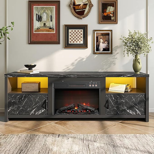 Bestier 70" Electric Fireplace TV Stand for TVs Up to 80", Modern Fireplace Entertainment Center with Storage Cabinets, LED Lights, Open Shelves and Cable Holes for Living Room, Black Marble