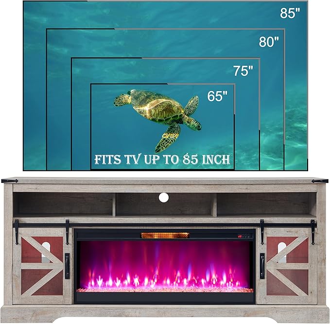 OKD 75" Fireplace TV Stand for 85" TV, 33" Tall Highboy Farmhouse Entertainment Center w/ 42'' Electric Fireplace, LED Light, Rustic Media Console w/Sliding Barn Door for Living Room, Light Rustic Oak
