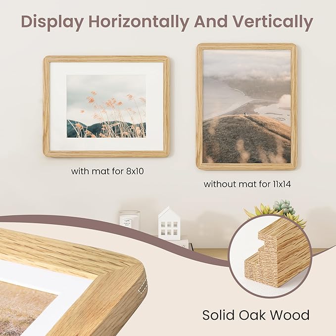 11x14 Picture Frame - Solid Oak Wood 11x14 Picture Frame With Mat For 8x10, 11''x14'' Poster Frame, Plexiglas and Hanging Hardware Included, 11 By 14 Poster Frame Wood, Natural Oak