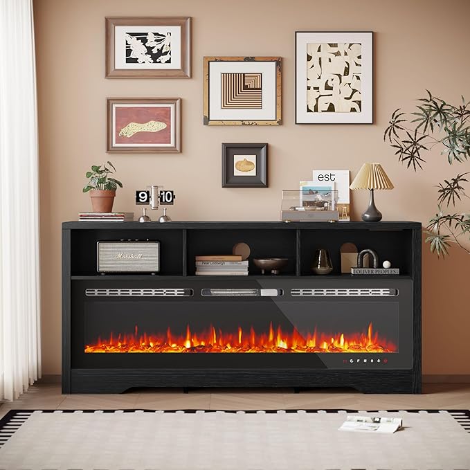 CharaVector Fireplace TV Stand with 60" Glass Electric Fireplace, Entertainment Center with Power Outlets for Up to 75" TVs, Black TV Cabinet with 3 Open Storage Cabinets, TV Console for Living Room