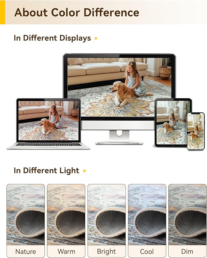 Area Rugs 6'x9' Washable Non-Slip, Floral Vintage Distress Print Pattern Medallion Carpet for Living Room Bedroom Dining Room, Light Yellow Carbon Grey Orange