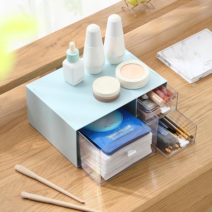 Desk Organizer with 4 Drawers, Makeup Organizer, Plastic Sundries Storage, Vanity Organizer, Cosmetic Storage Organizer, Desk Storage Box, Bathroom Counter or Dresser, Blue (CD-QBH-02)