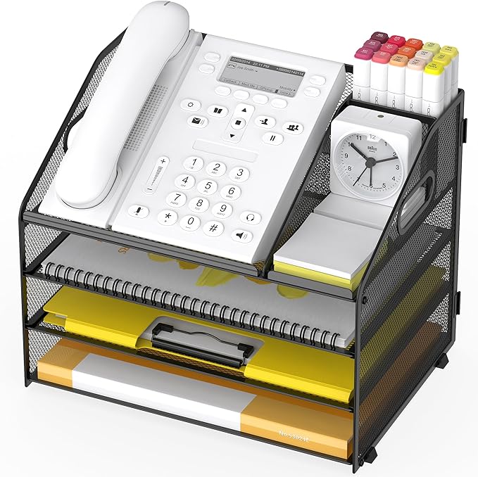 Letter Tray Paper, 4 Tier Desk Organizer with Pen Holder and Handle Mesh File Organizer Paper Sorter Metal Desktop Document Shelf for Office Home Classroom -Black