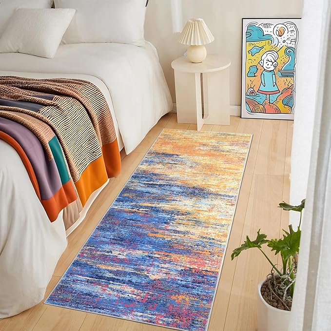 Washable Runner Rug 2x6 Modern Abstract Kitchen Rugs, Non Slip Bathroom Rug, Low Pile Laundry Room Soft Long Carpet for Hallway Bedroom Entryway, Blue/Orange