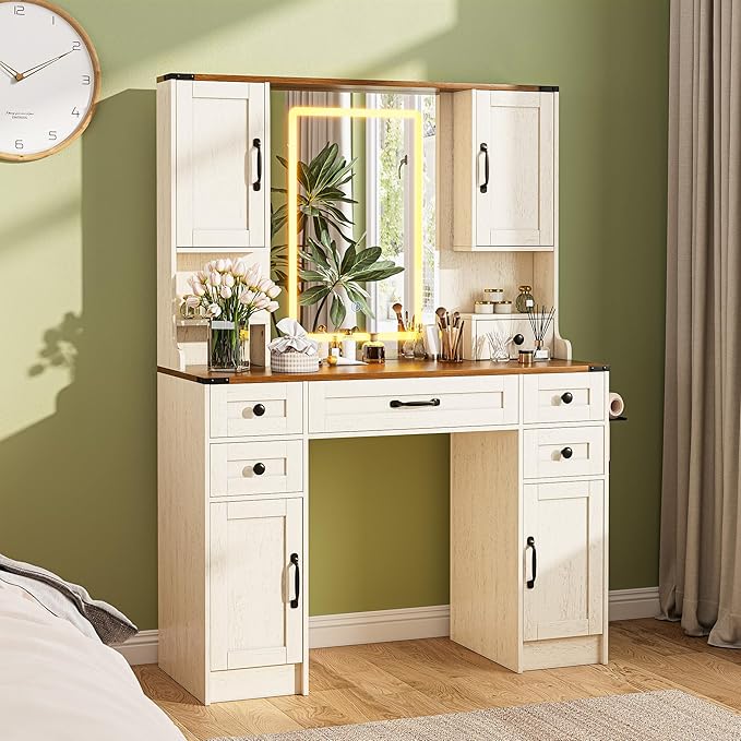 KAMABOKO Farmhouse Vanity Desk with Mirror and Lights, Large Makeup Vanity with 6 Drawers and 4 Storage Cabinets, 3 LED Lights Modes, White Dressing Table Set for Girls Bedroom