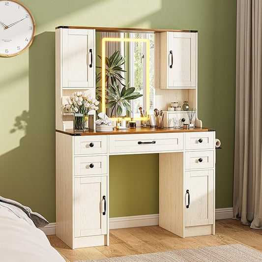 KAMABOKO Farmhouse Vanity Desk with Mirror and Lights, Large Makeup Vanity with 6 Drawers and 4 Storage Cabinets, 3 LED Lights Modes, White Dressing Table Set for Girls Bedroom