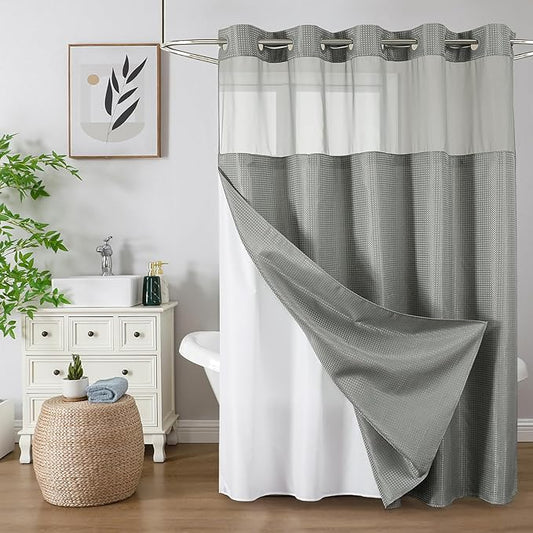 Colorful Star No Hook Shower Curtain with Snap in Fabric Liner, Waffle Weave Heavy Duty Thick Shower Curtains with Mesh Top Window, Hotel Style Waterproof Bathroom Curtain Set, 72 x 87 Inch, Grey