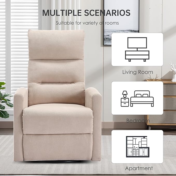 360° Swivel Recliner Chairs for Small Spaces, A Recliner with Side Pockets, Small Rocker Recliner for Living Room, Bedroom, Cream Recliner Chair for Adults
