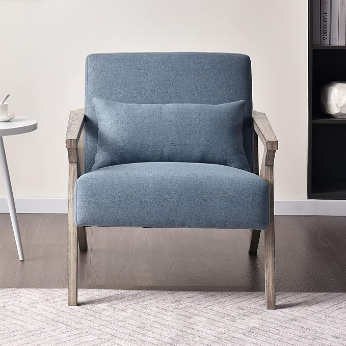 INZOY Mid Century Modern Chair with Wood Frame, Upholstered Armchair with Waist Cushion, Accent Chair for Living Room Bedroom Apartment, Easy Assembly, Blue