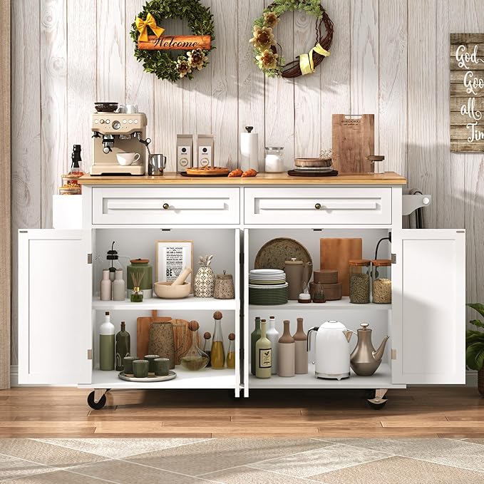 59" W Rolling Kitchen Island with Drop Leaf – Movable Kitchen Carts on Wheels Island with Storage Cabinet, Island Table for Kitchen with Rubber Wood Top and Rack and Drawers, Matte, White