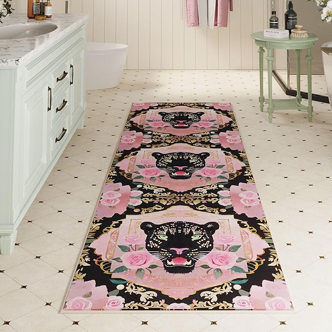 Runner Rug for Kitchen Rug Non Slip 2'x6' Washable Rugs with Rubber Backing Soft Retro Lavish Leopard Animal Carpet Runner for Kitchen, Laundry, Bedroom, Bathroom (Black Pink)