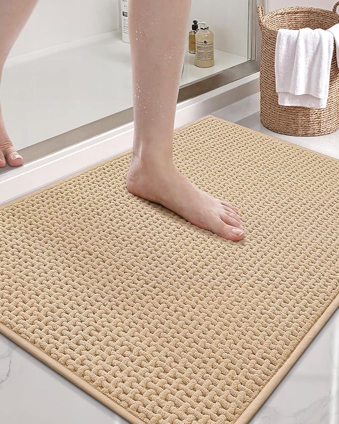 Color&Geometry Ultra Soft Chenille Bathroom Rugs Non Slip Rubber Backing, Machine Washable, Super Absorbent Floor Mat for Bathroom, Bathtub & Shower, Quick Dry Beige Small Bath Mat, 16"x24"