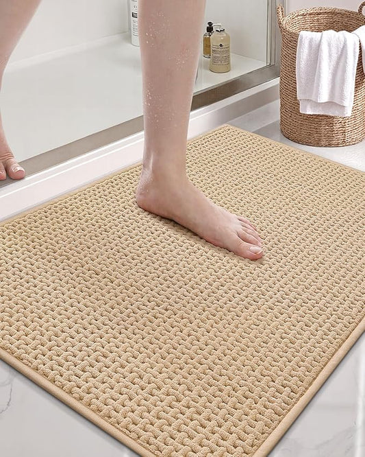 Color&Geometry Ultra Soft Chenille Bathroom Rugs Non Slip Rubber Backing, Machine Washable, Super Absorbent Floor Mat for Bathroom, Bathtub & Shower, Quick Dry Beige Large Bath Mat, 23.5"x35.5"