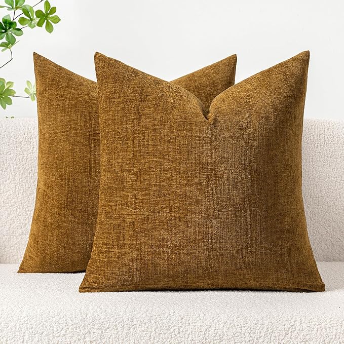 MIULEE Pack of 2 Couch Throw Pillow Covers 20x20 Inch Soft Mustard Chenille Pillow Covers for Sofa Living Room Solid Dyed Pillow Cases
