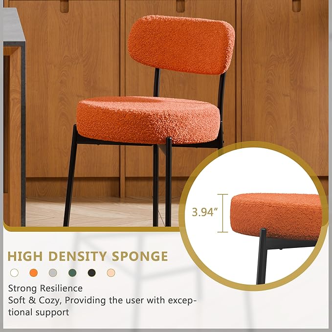 DYHOME Bar Stools Set of 3, 24 Inches Modern Counter Height Bar Stools with Curved Back Metal Legs, Orange Upholstered Boucle Barstools for Kitchen Island, Cafe