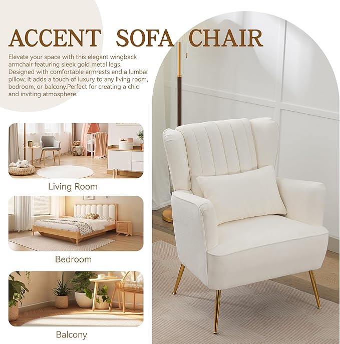 Fabric Accent Living Room Arm Chair Set of 2 Mid Century Modern Chairs with Pillow & Golden Legs, 8.5" Thick Cushion, Upholstered Comfy Sofa Armchair for Reading Room/Bedroom, White
