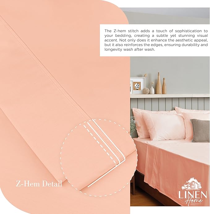 Linen Home 100% Cotton Percale Sheets Twin Size,Tropical Peach, Deep Pocket, 3 Pieces Set - 1 Flat, 1 Deep Pocket Fitted Sheet and 1 Pillowcase, Crisp Cool and Strong Bed Linen