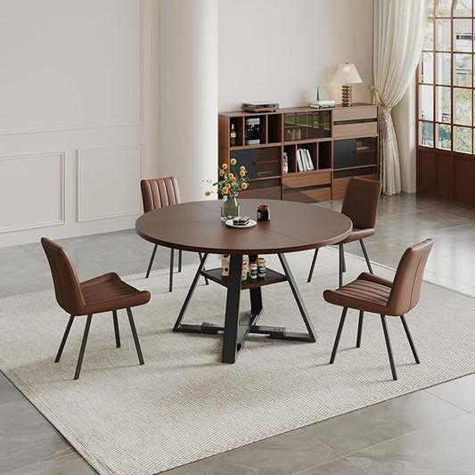 45.3" Walnut Round Dining Table Set with 4 Chairs – Mid-Century Modern Small-Space Kitchen & Dining Room Furniture for Apartment or Breakfast Nook (Walnut – Storage Table + 4 Brown Chairs)