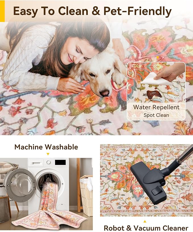 Area Rugs 5'x7' Washable Non-Slip, Floral Vintage Distress Print Pattern Medallion Carpet for Living Room Bedroom Dining Room, Light Pink Colorful