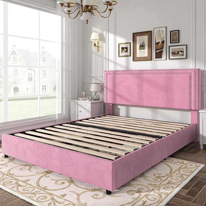 VECELO Full Size Upholstered Platform Bed Frame with 4 Storage Drawers, Adjustable Velvet Rivet Decor Headboard, Wooden Slats Support, No Box Spring Needed, Easy Assembly