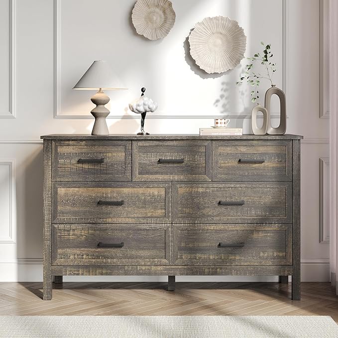 Farmhouse 7 Drawers Dresser for Bedroom, Wood Rustic Wide Chest with Natural Texture, Farmhouse Chest of Drawers for Bedroom, Hallway, Entryway, Dark Brown