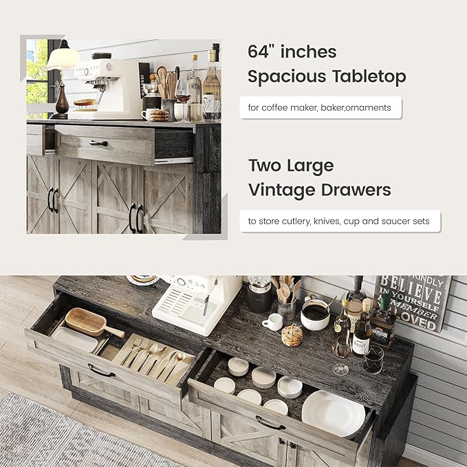 64" Wide Large TV Stand for Bedroom, Entertainment Center with Storage Cabinets Rustic Farmhouse Style TV Console Table with Barn Doors and 2 Drawers